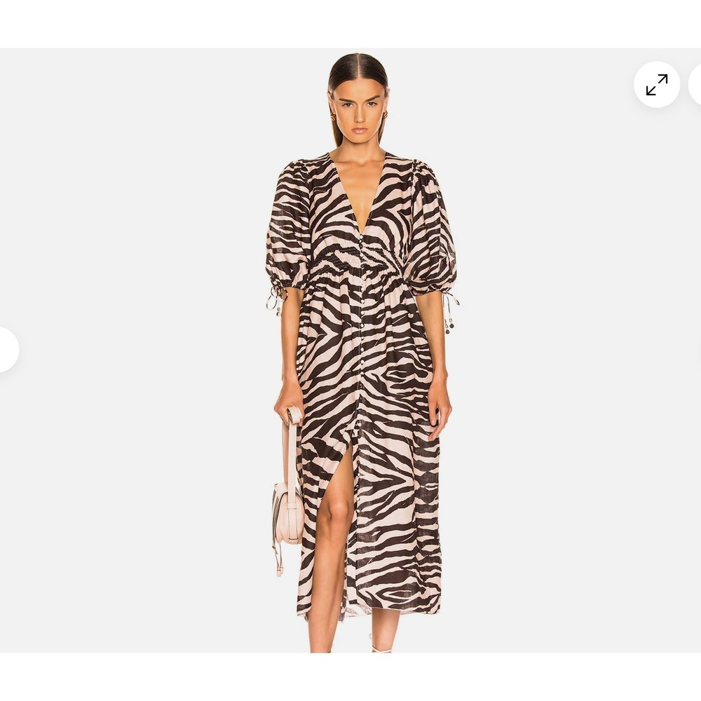 Zimmermann Zebra Print Linen Midi Dress Puff Sleeve V-Neck Brown Beige 1 US 6  M